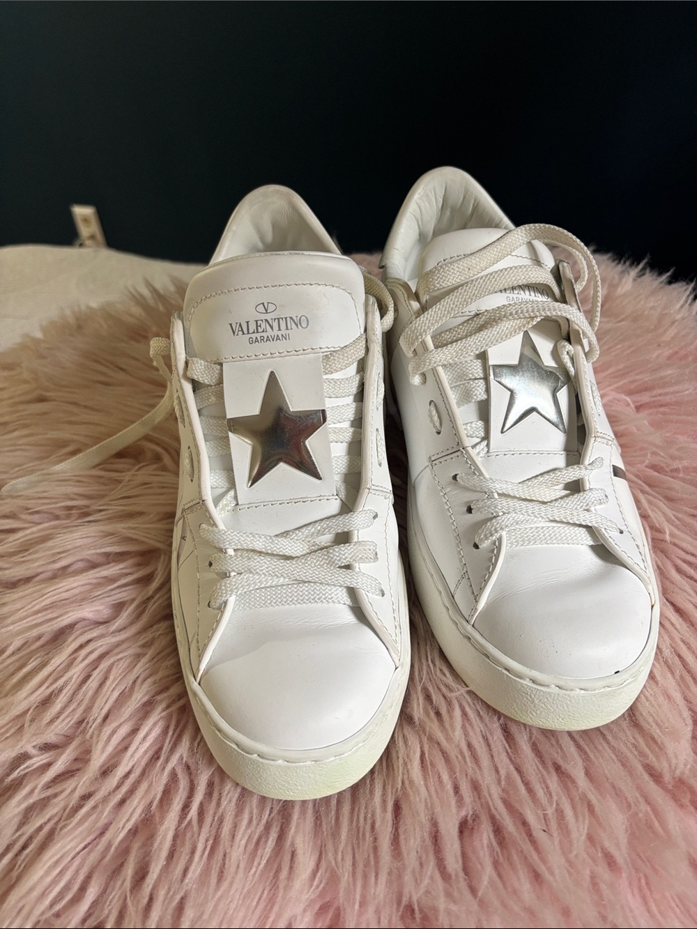 Valentino Garavani White Leather Sneakers with Silver Star Detail